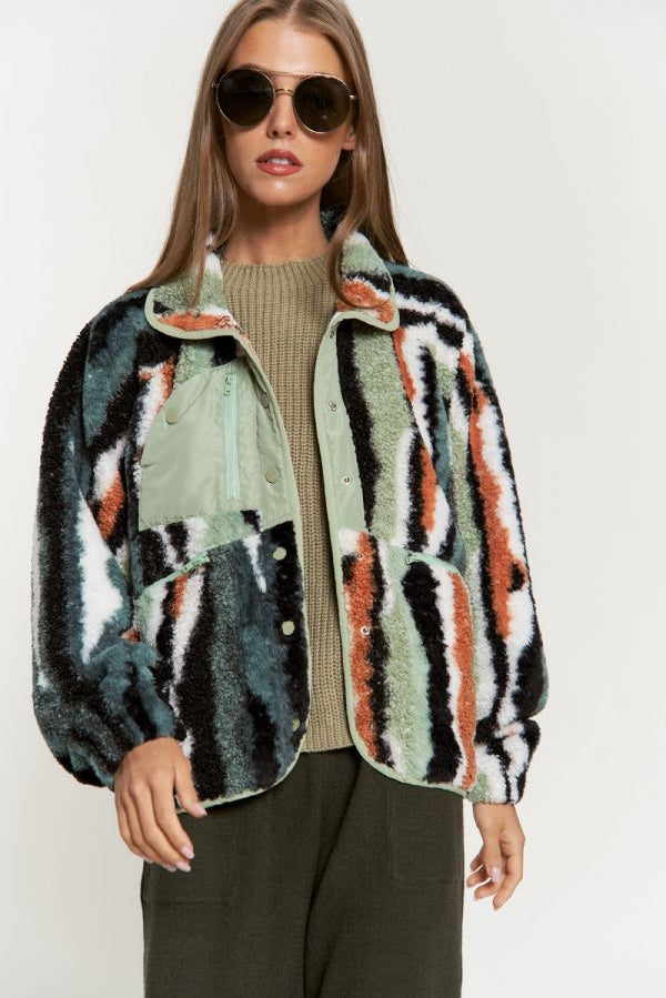 Fuzzy Multi Color Textured Zipper Pocket Jacket