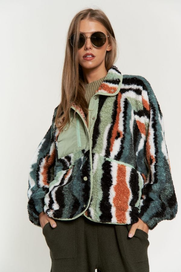 Fuzzy Multi Color Textured Zipper Pocket Jacket