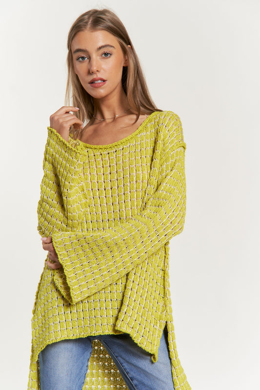 Bell Sleeves Boatneck Textured Transition Sweater