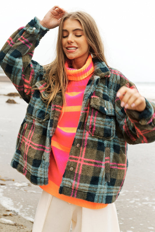 Plaid Button Down Long Sleeve Jacket with Pockets